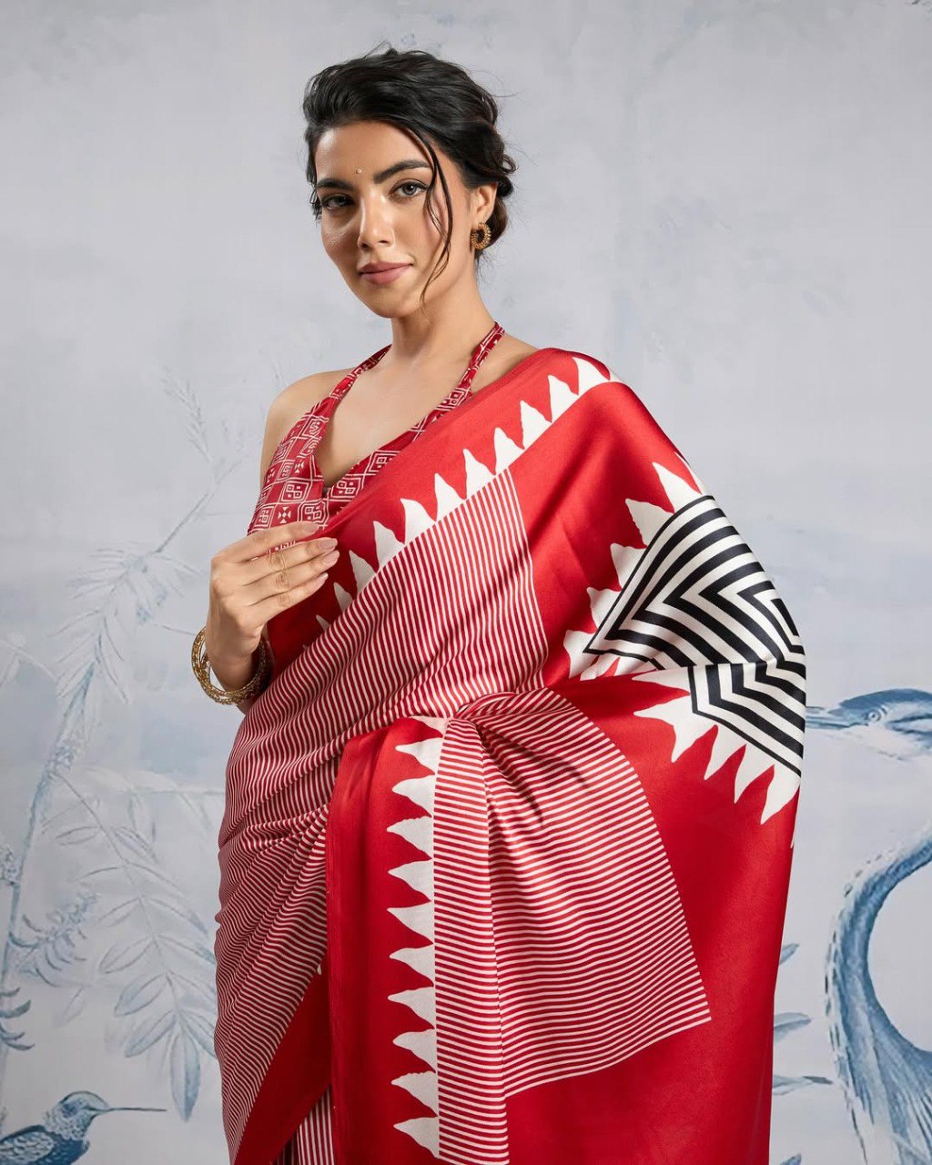 Red Crape Silk Printed Ready To Wear Saree