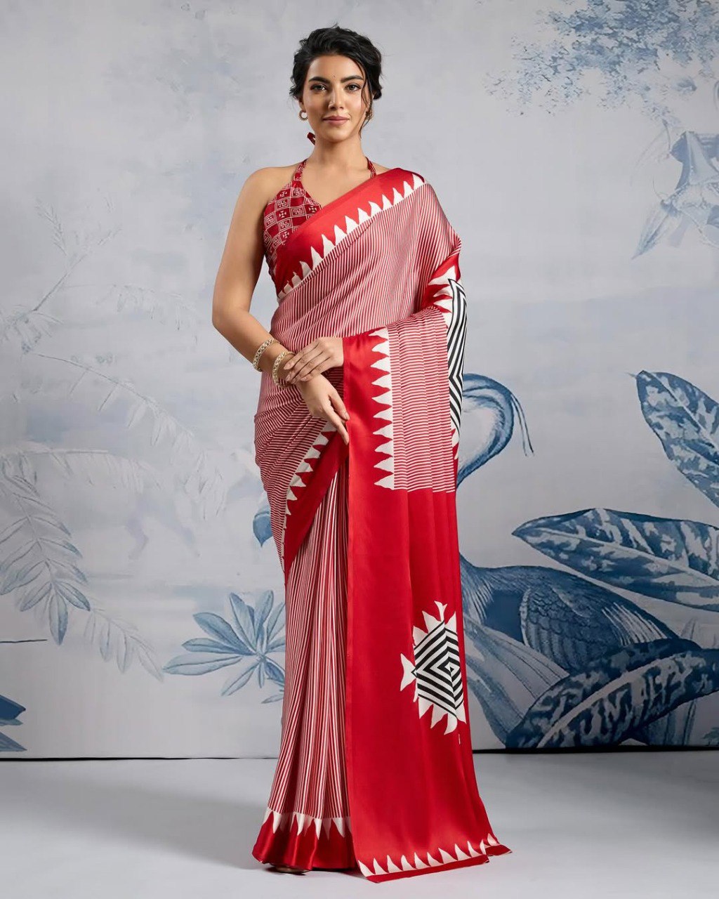 Red Crape Silk Printed Ready To Wear Saree