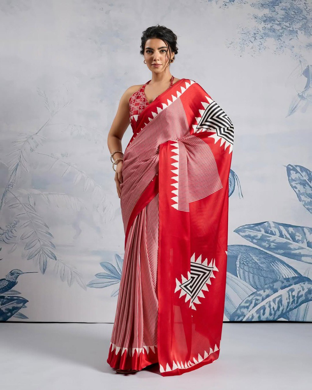 Red Crape Silk Printed Ready To Wear Saree