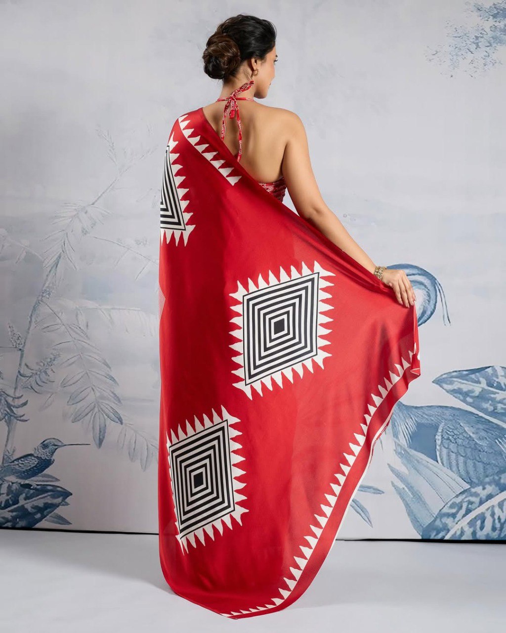 Red Crape Silk Printed Ready To Wear Saree