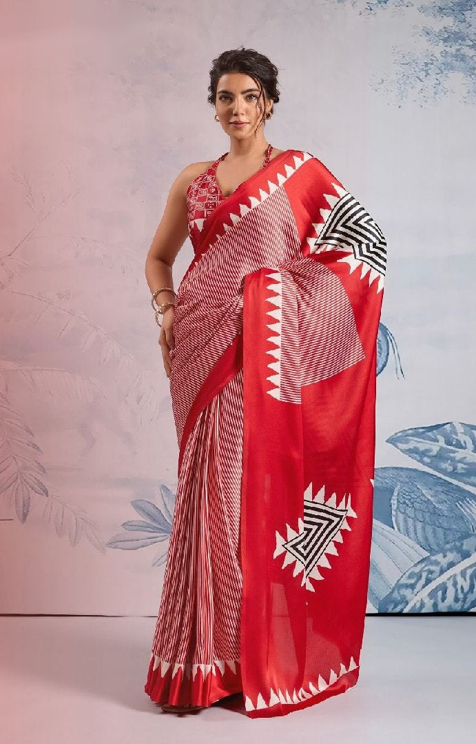 Red Crape Silk Printed Ready To Wear Saree