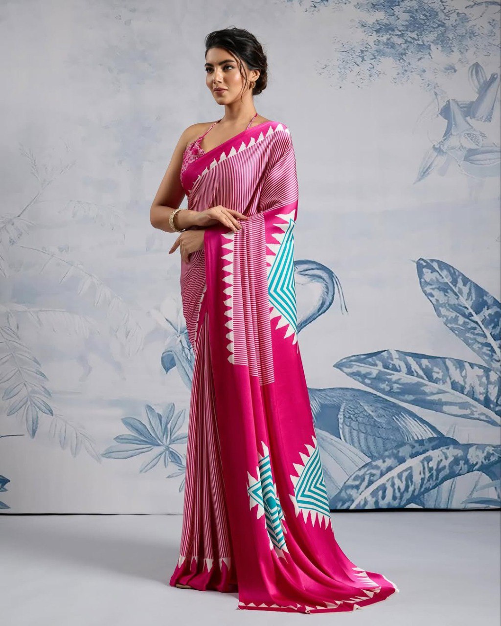 Pink Crape Silk Printed Ready To Wear Saree
