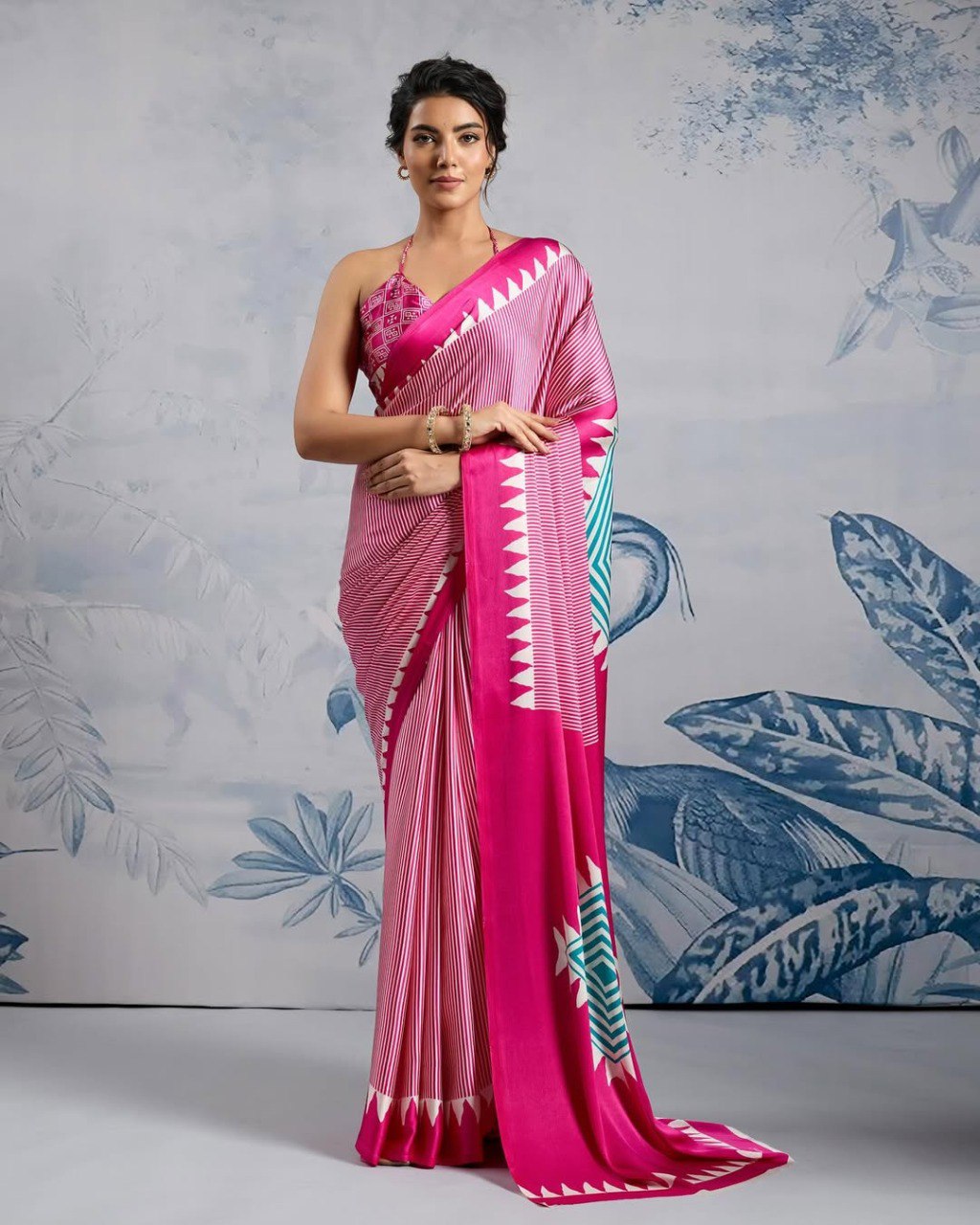 Pink Crape Silk Printed Ready To Wear Saree