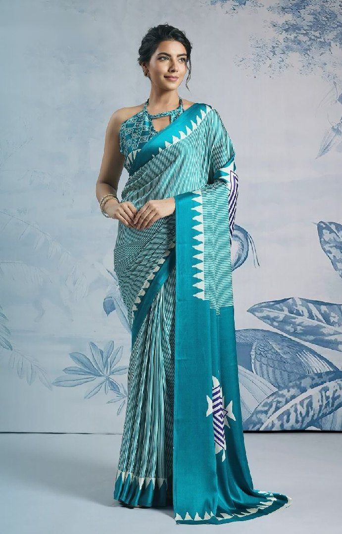 Turquoise Crape Silk Printed Ready To Wear Saree
