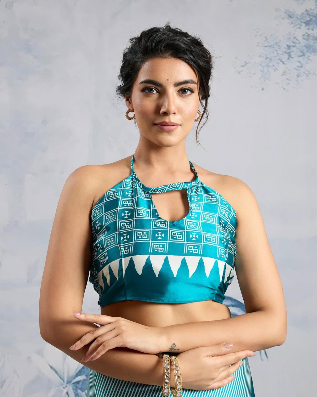 Turquoise Crape Silk Printed Ready To Wear Saree