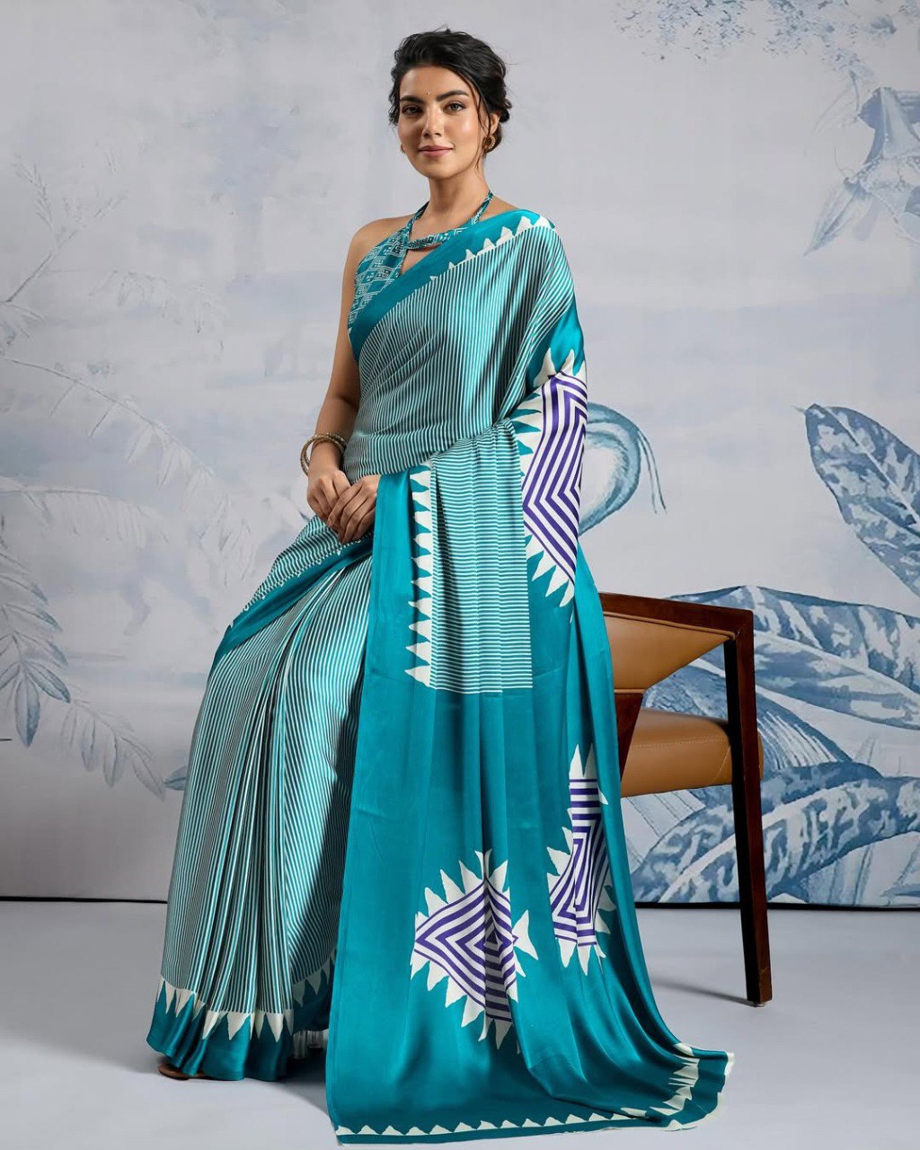 Turquoise Crape Silk Printed Ready To Wear Saree
