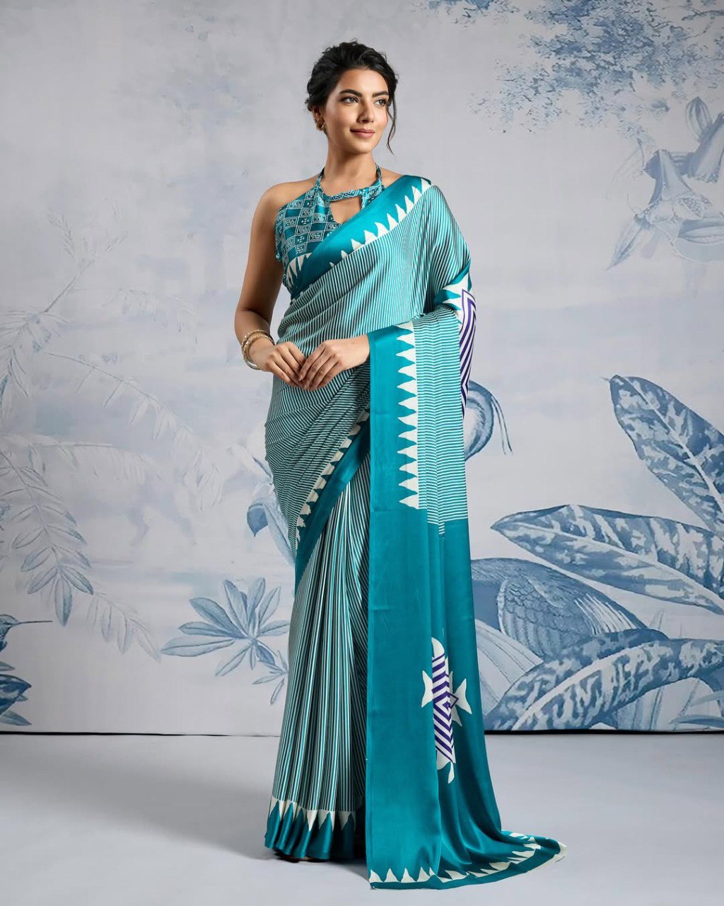 Turquoise Crape Silk Printed Ready To Wear Saree