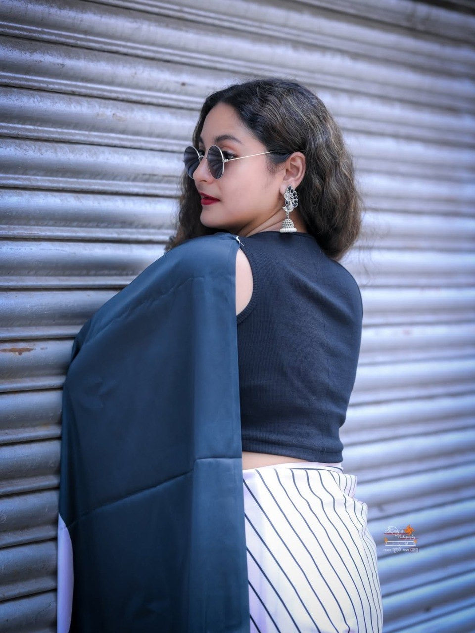 Black & White Crape Silk Printed Ready To Wear Saree