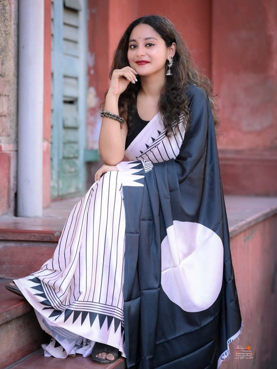 Black & White Crape Silk Printed Ready To Wear Saree
