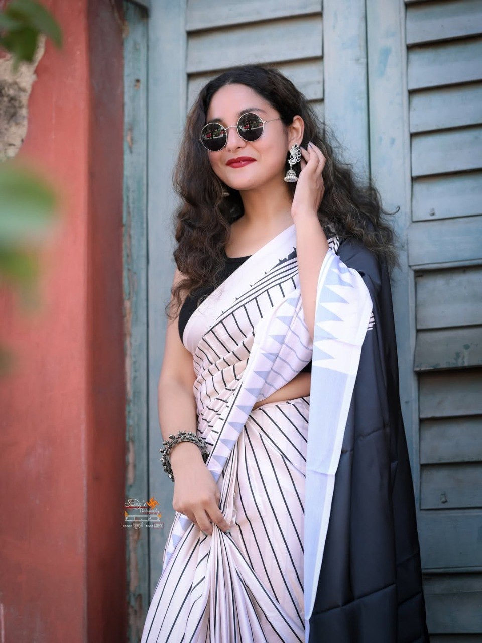 Black & White Crape Silk Printed Ready To Wear Saree