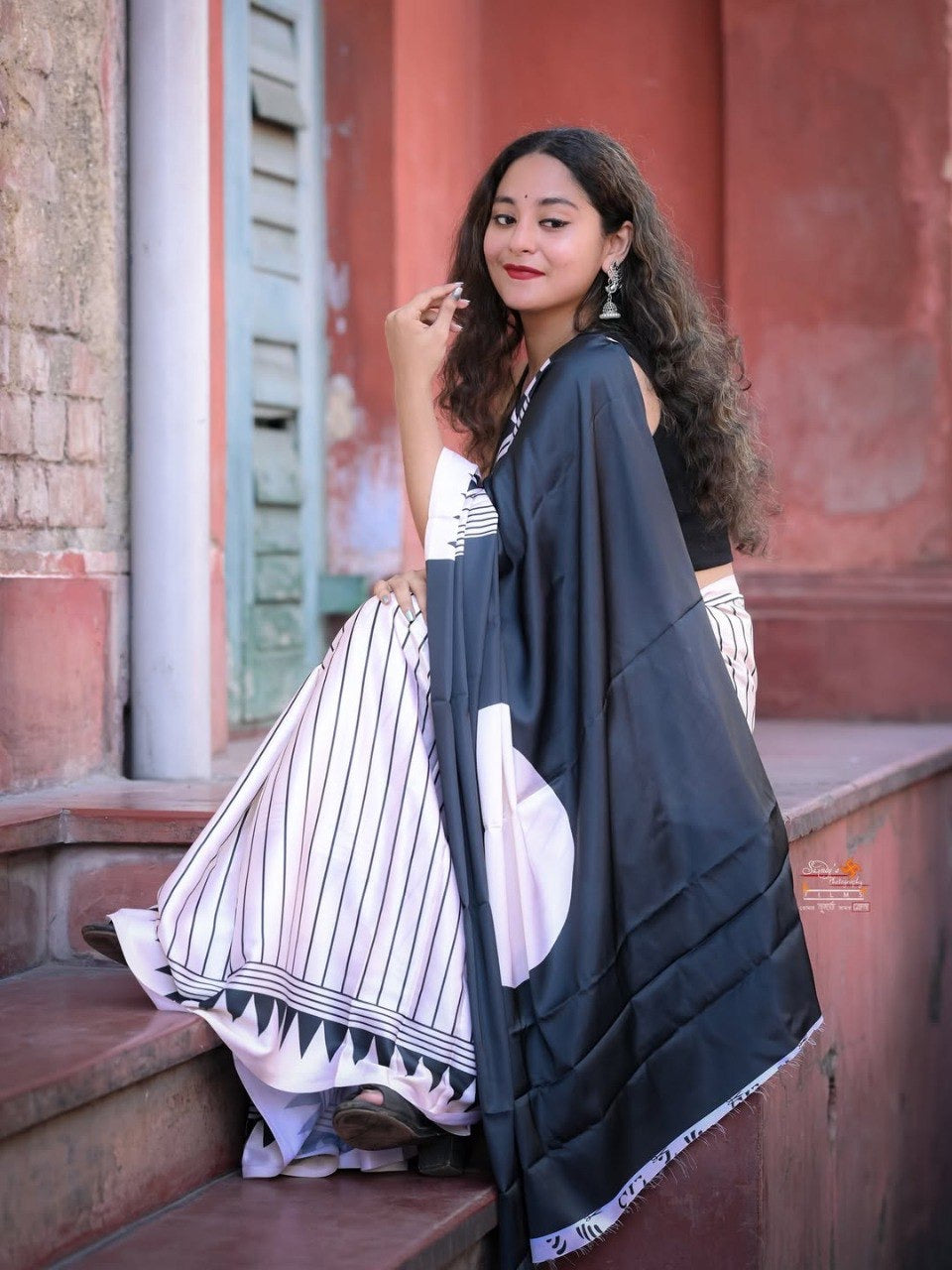 Black & White Crape Silk Printed Ready To Wear Saree