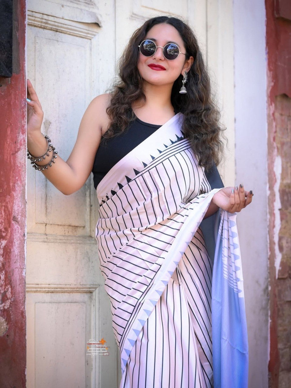 Black & White Crape Silk Printed Ready To Wear Saree
