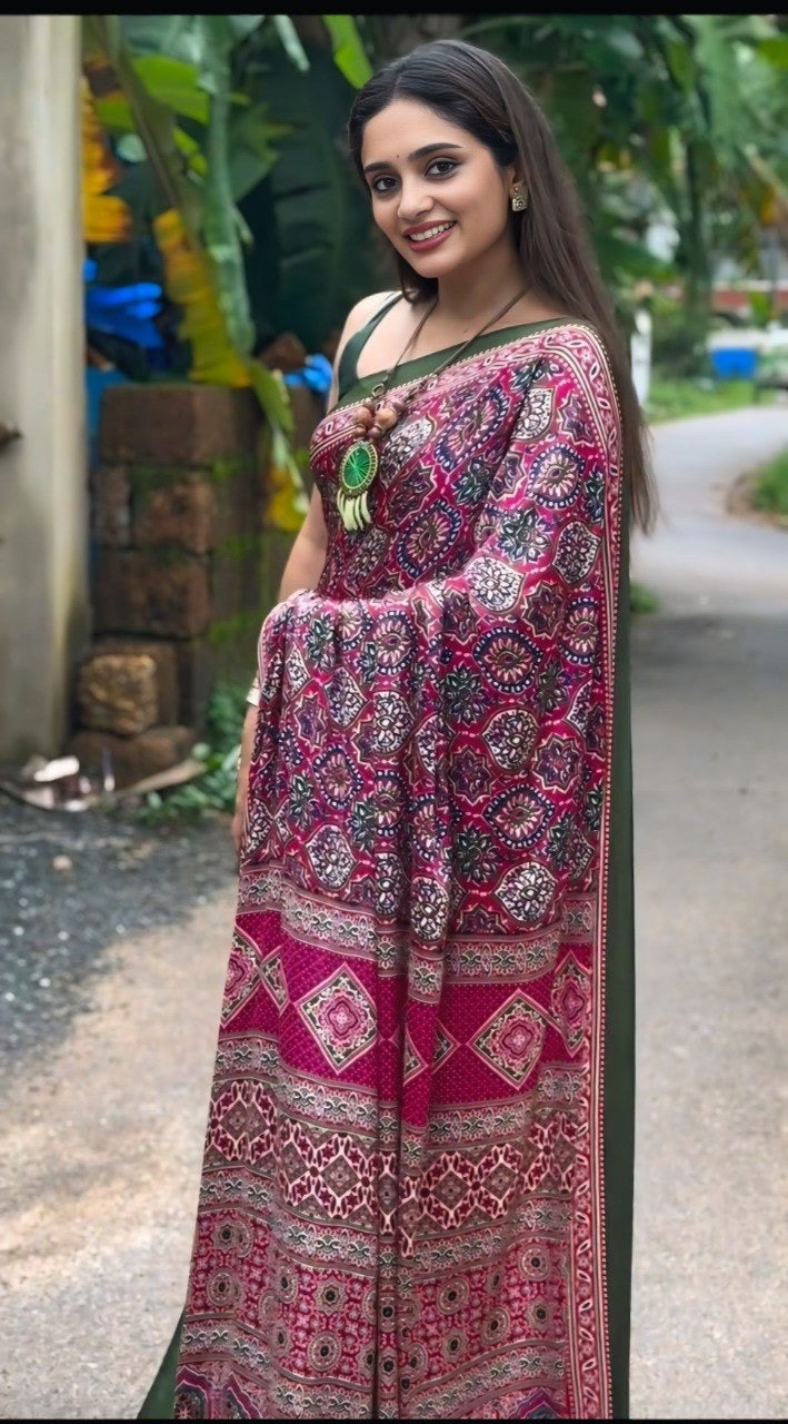 Maroon Crape Silk Printed Ready To Wear Saree