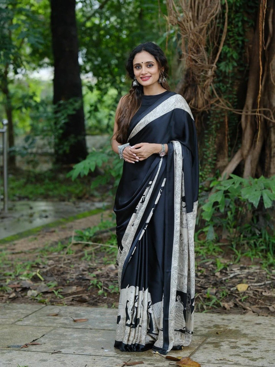 Black Crape Silk Printed Ready To Wear Saree
