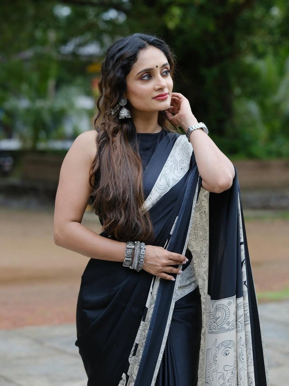 Black Crape Silk Printed Ready To Wear Saree