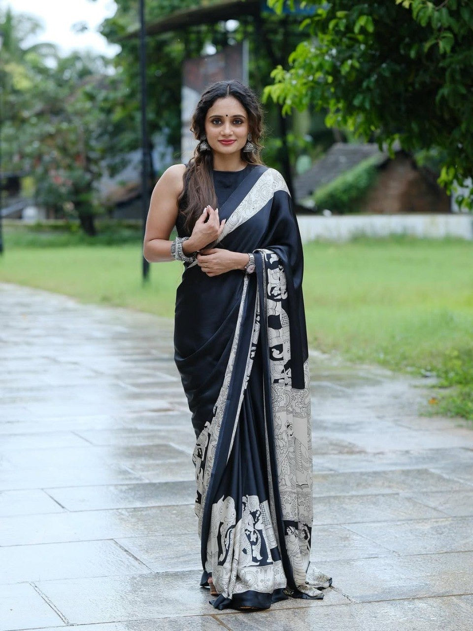 Black Crape Silk Printed Ready To Wear Saree