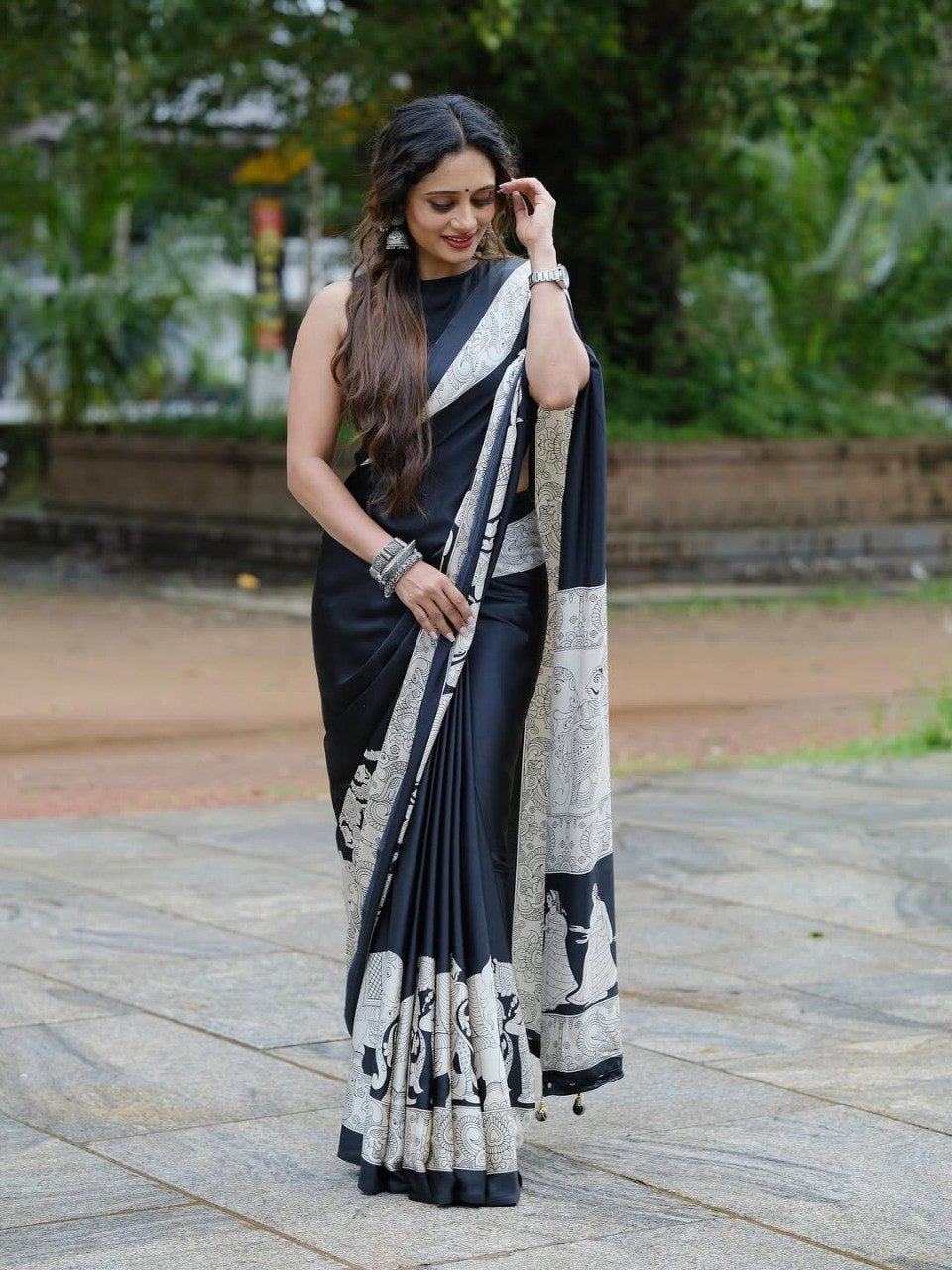 Black Crape Silk Printed Ready To Wear Saree
