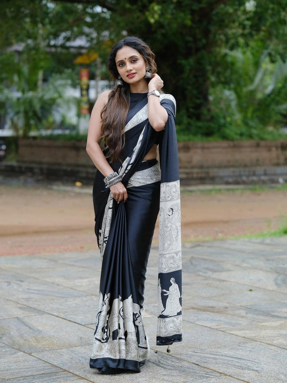 Black Crape Silk Printed Ready To Wear Saree