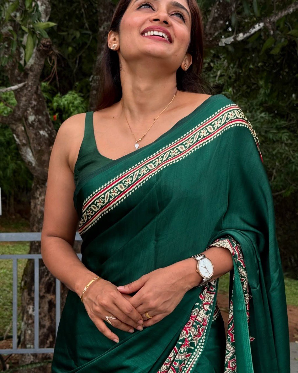 Green Crape Silk Printed Ready To Wear Saree