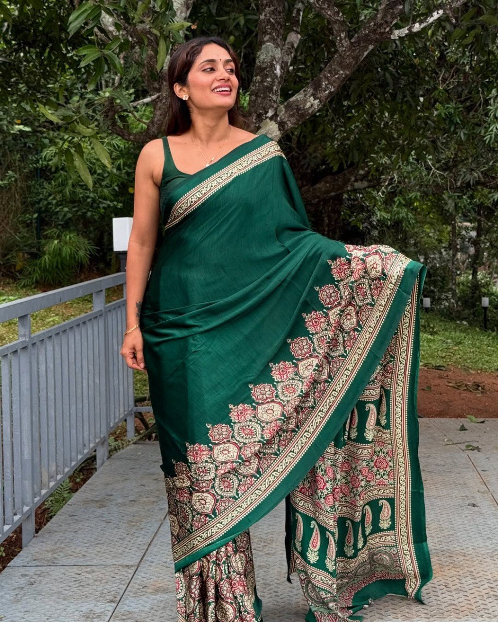 Green Crape Silk Printed Ready To Wear Saree