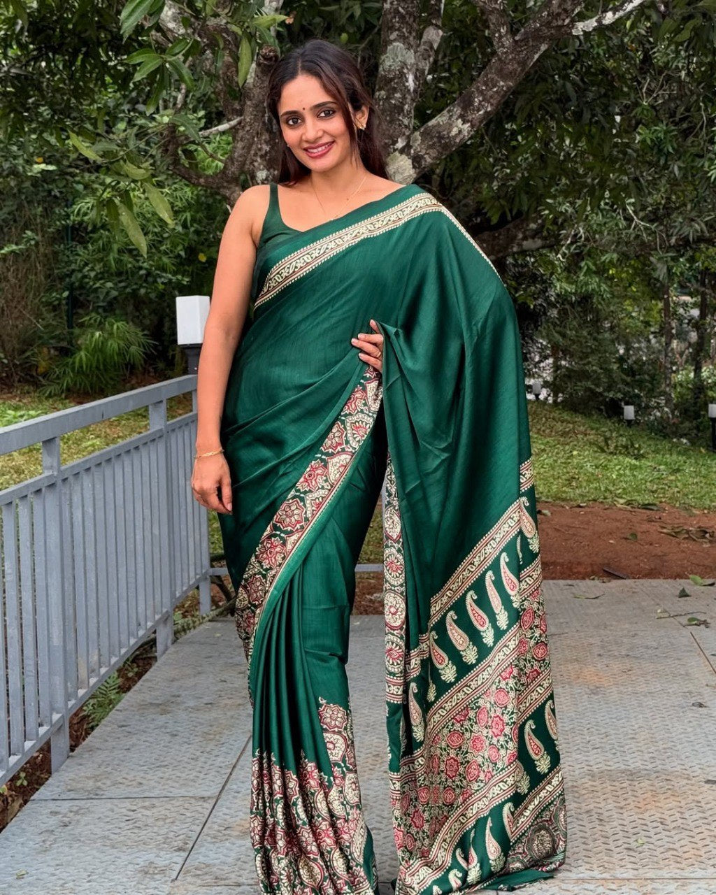 Green Crape Silk Printed Ready To Wear Saree