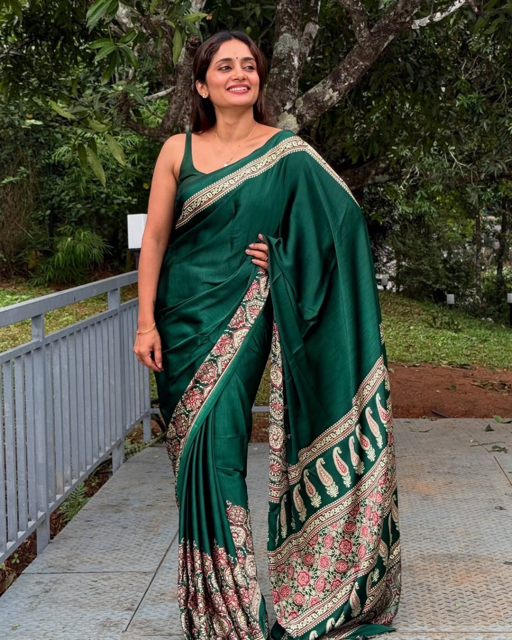 Green Crape Silk Printed Ready To Wear Saree