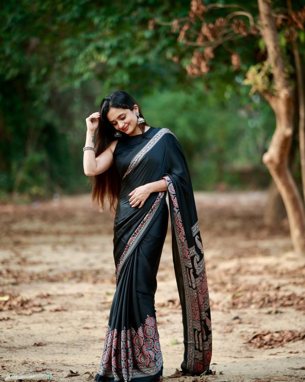 Black Crape Silk Printed Ready To Wear Saree