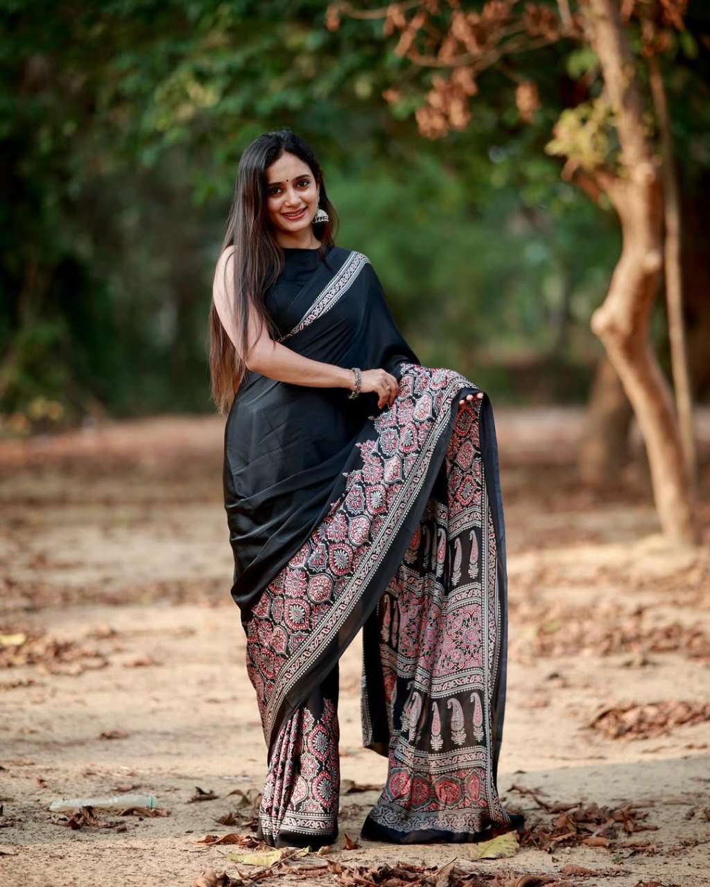 Black Crape Silk Printed Ready To Wear Saree