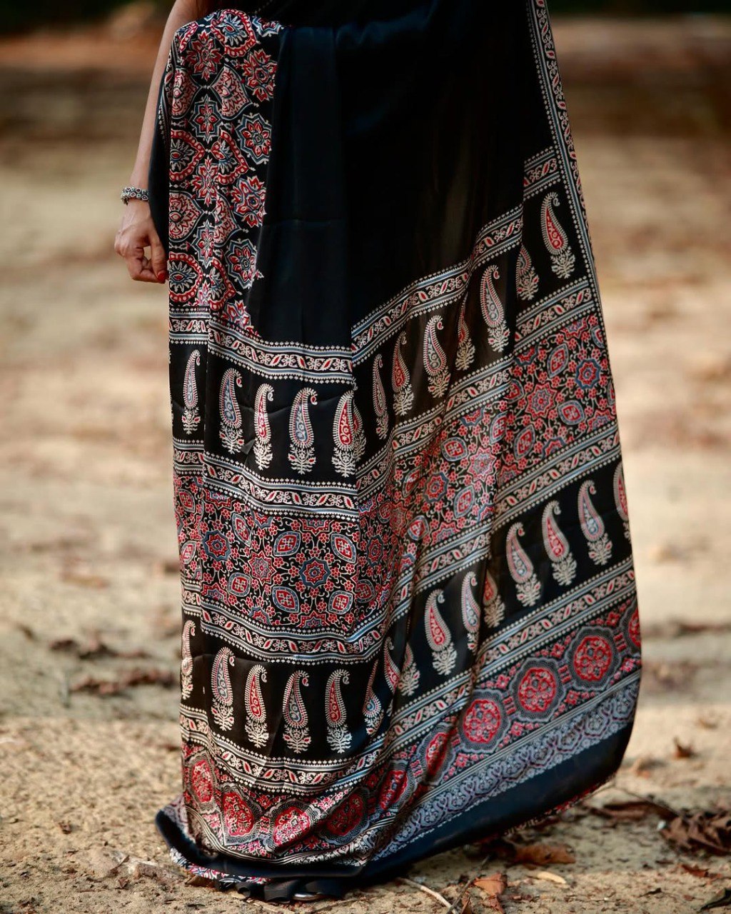 Black Crape Silk Printed Ready To Wear Saree