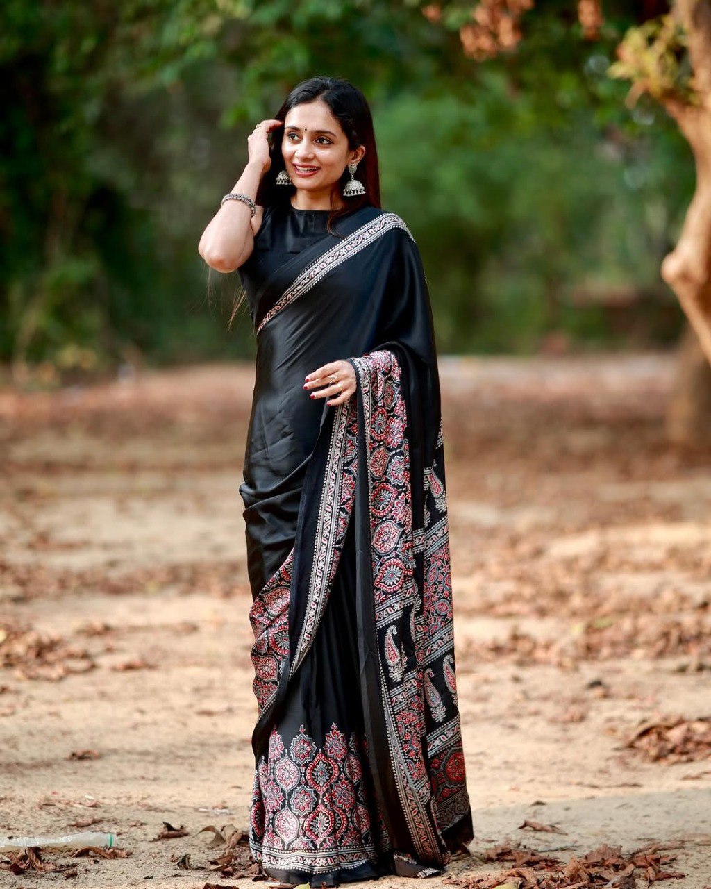 Black Crape Silk Printed Ready To Wear Saree