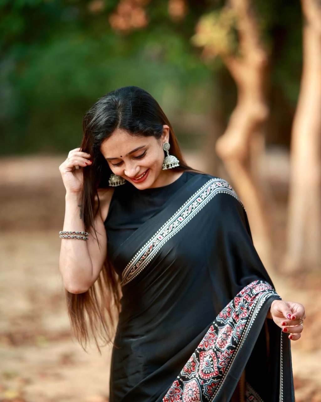Black Crape Silk Printed Ready To Wear Saree