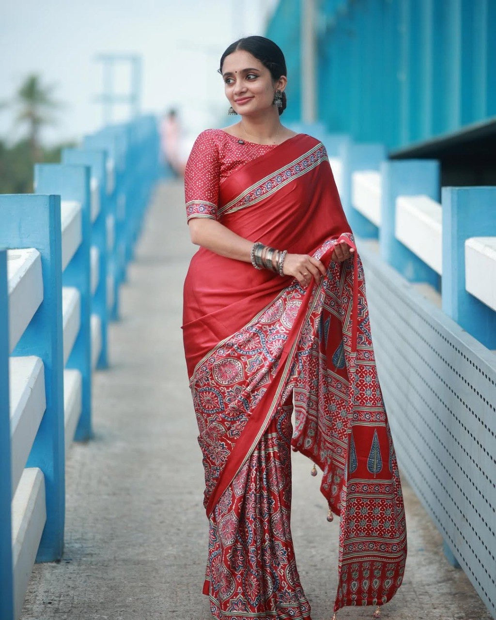 Red Crape Silk Printed Ready To Wear Saree