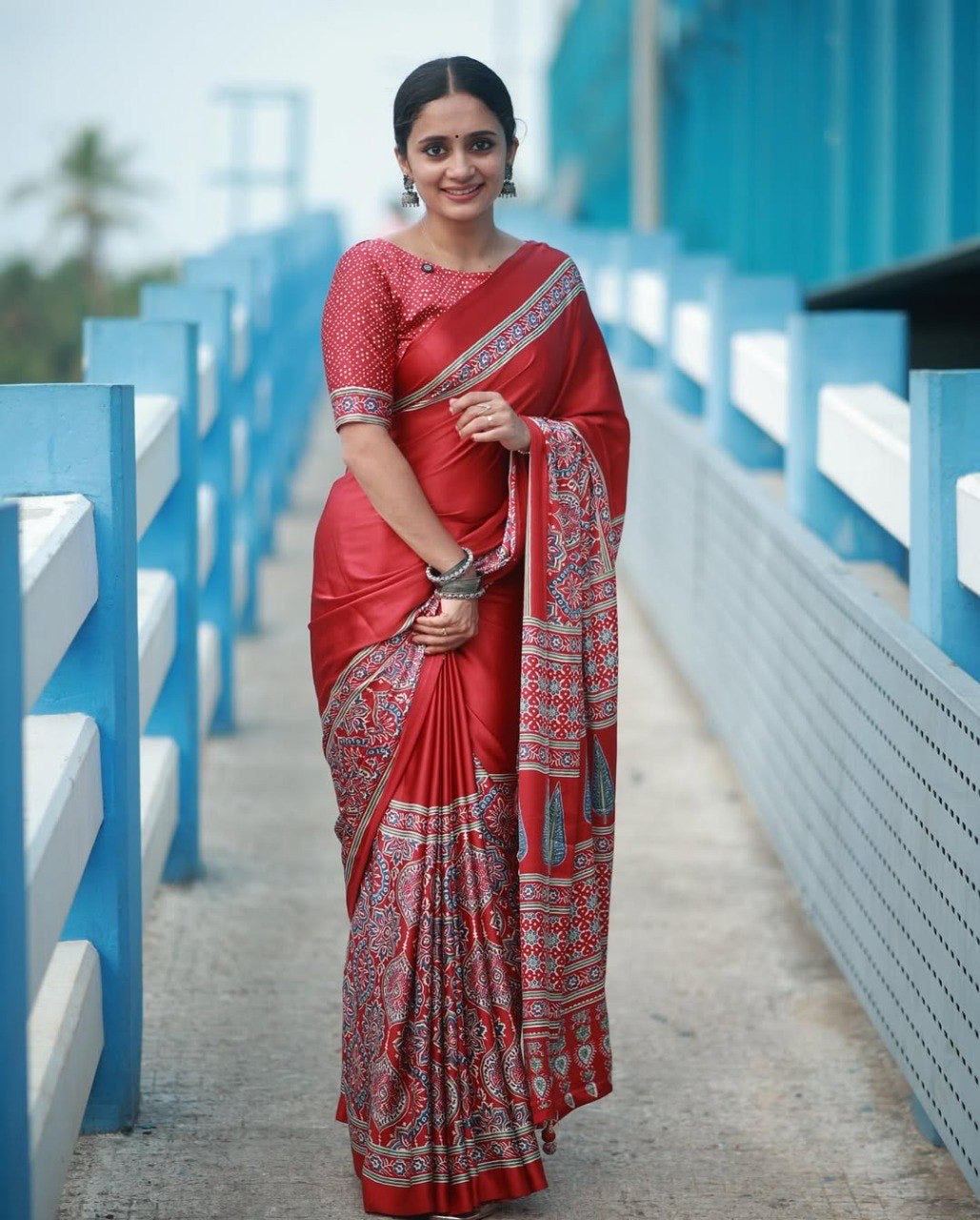 Red Crape Silk Printed Ready To Wear Saree