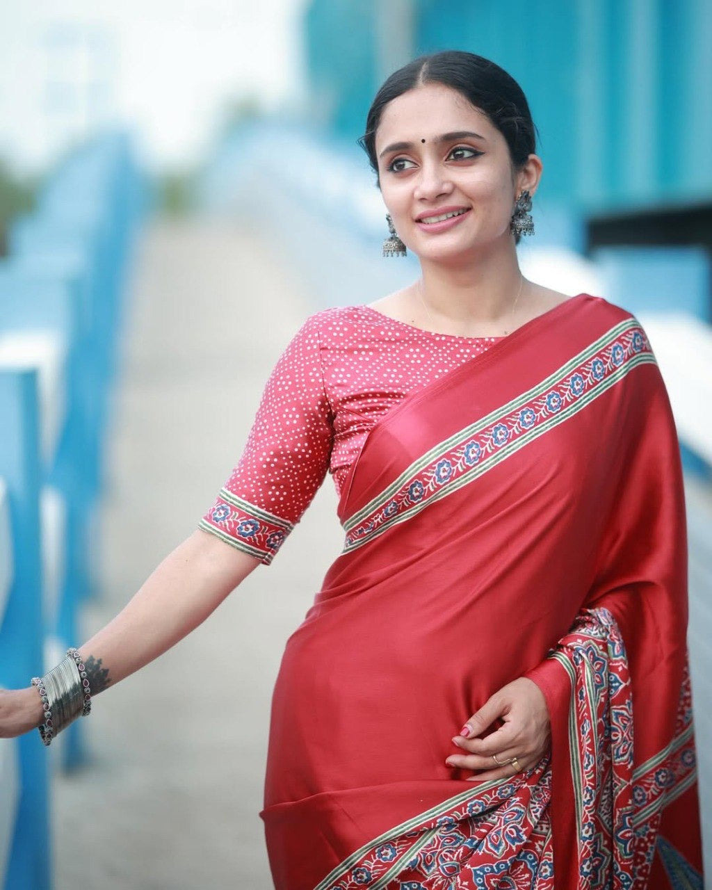 Red Crape Silk Printed Ready To Wear Saree