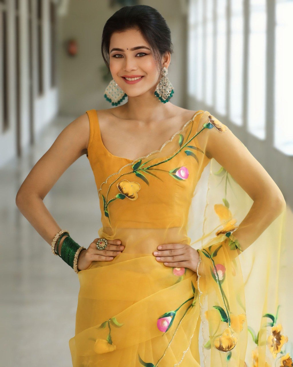 Yellow Organza Printed Handwork Ready To Wear Saree