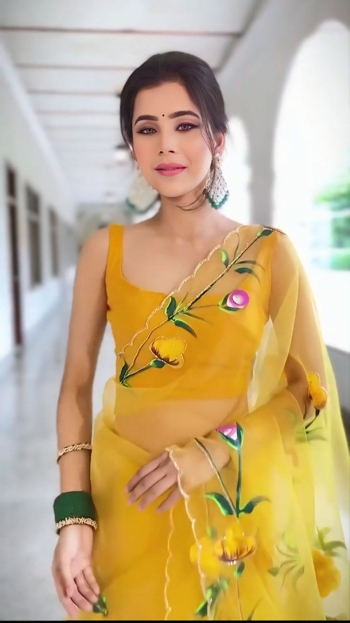 Yellow Organza Printed Handwork Ready To Wear Saree