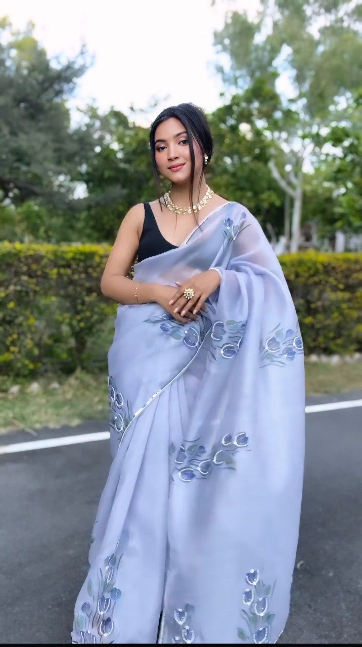 Grey Organza Printed Handwork Ready To Wear Saree