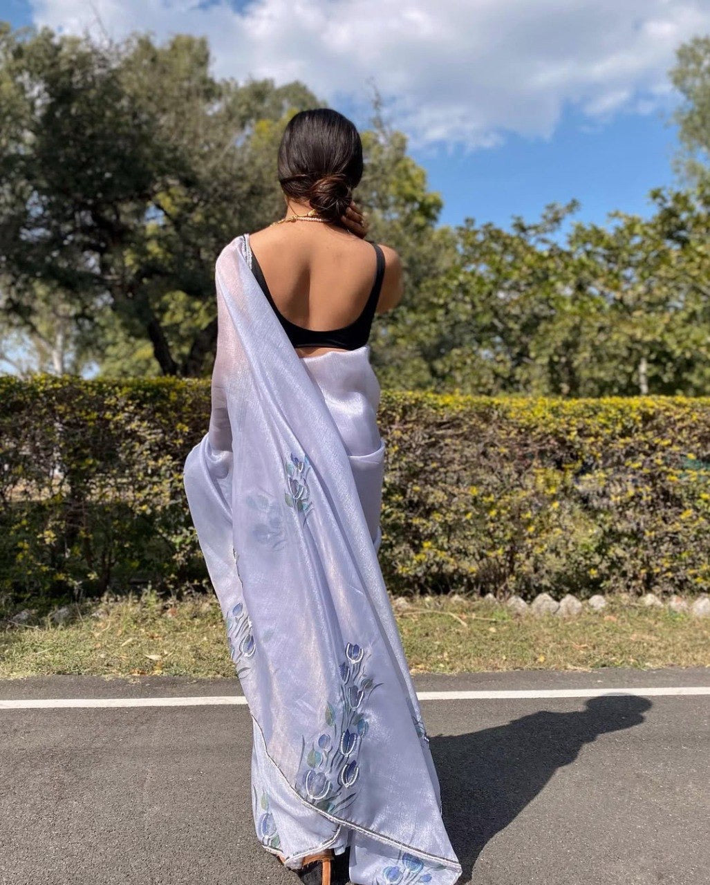 Grey Organza Printed Handwork Ready To Wear Saree
