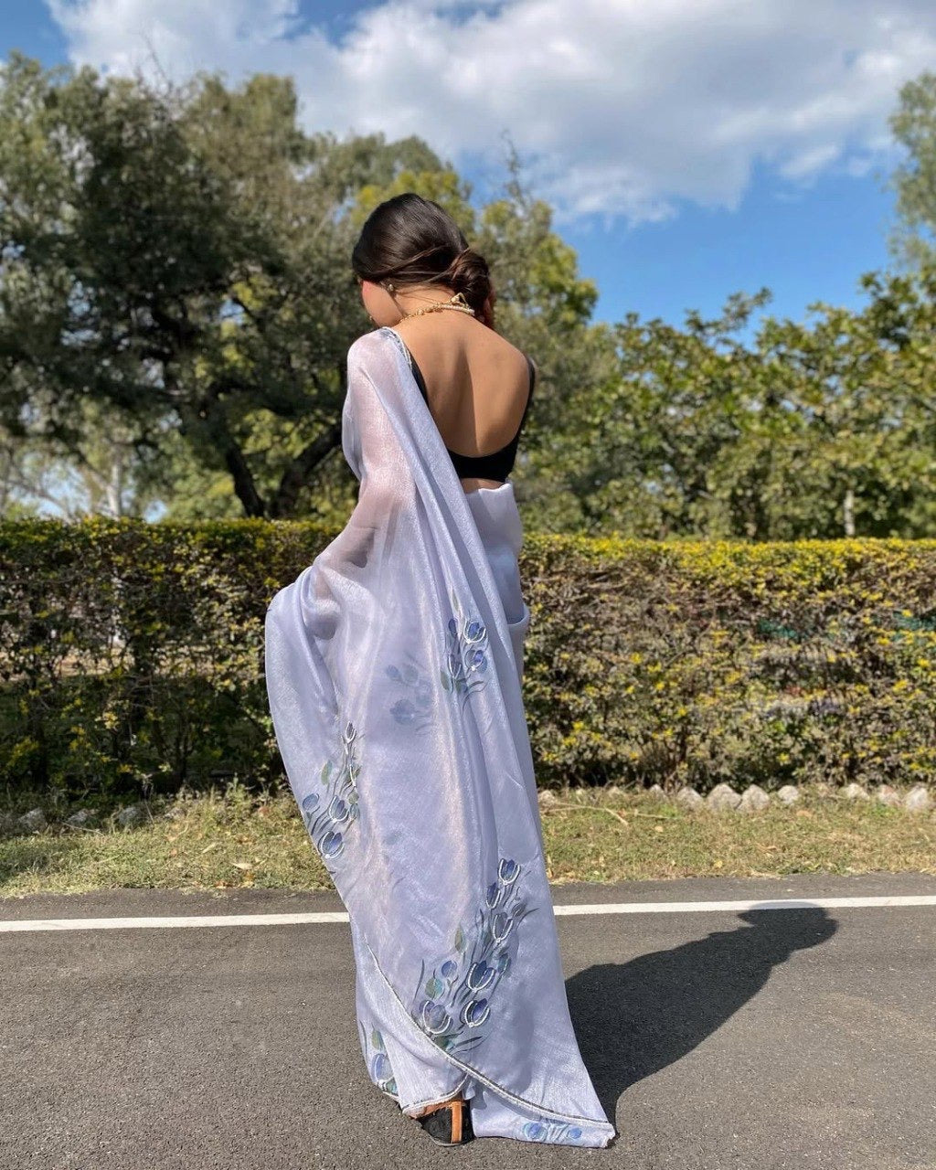 Grey Organza Printed Handwork Ready To Wear Saree
