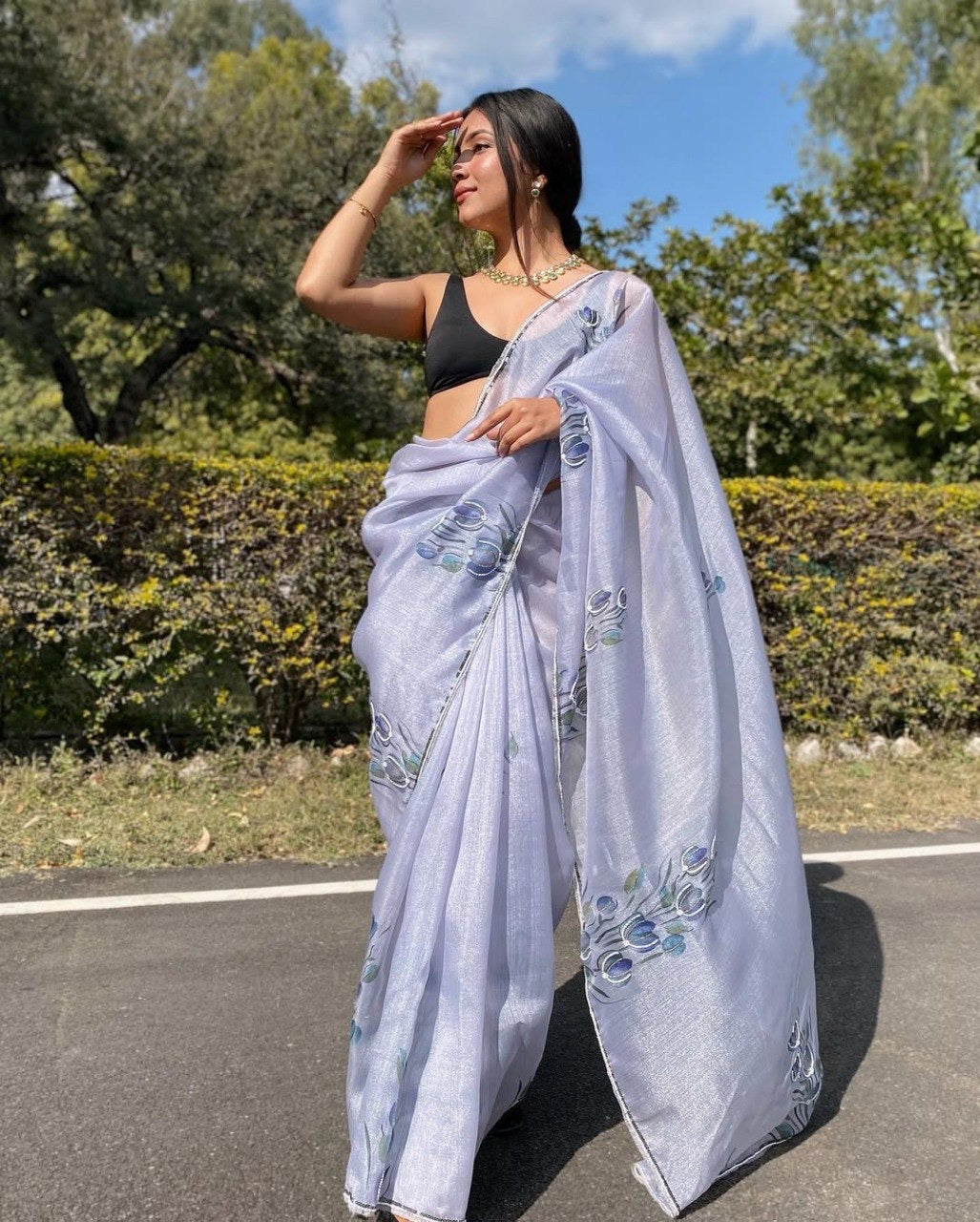 Grey Organza Printed Handwork Ready To Wear Saree