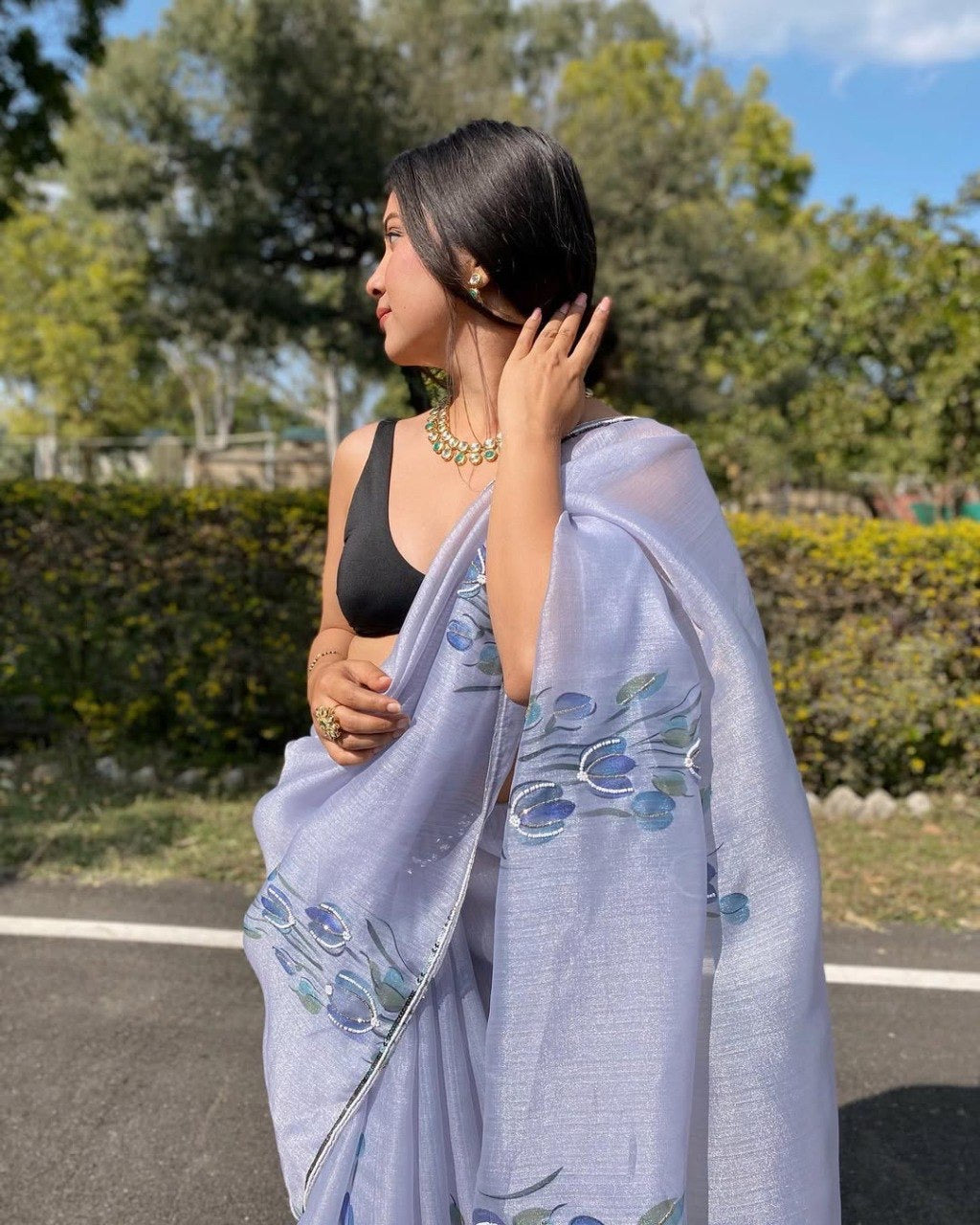 Grey Organza Printed Handwork Ready To Wear Saree