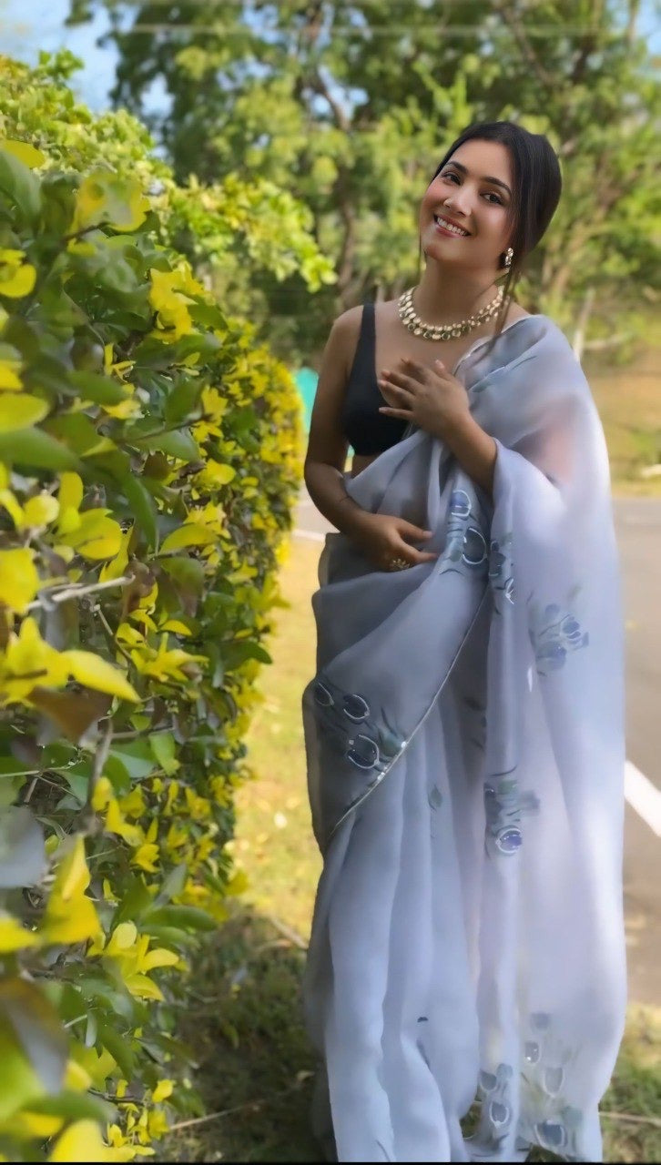 Grey Organza Printed Handwork Ready To Wear Saree
