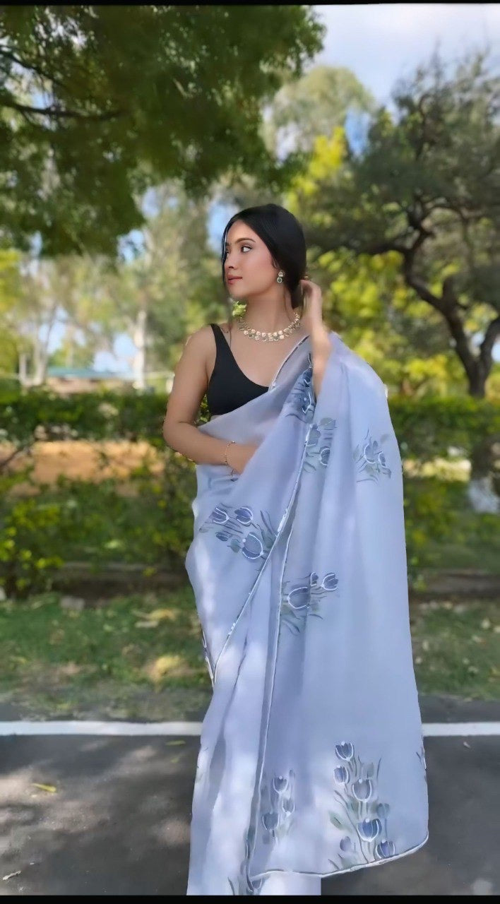 Grey Organza Printed Handwork Ready To Wear Saree