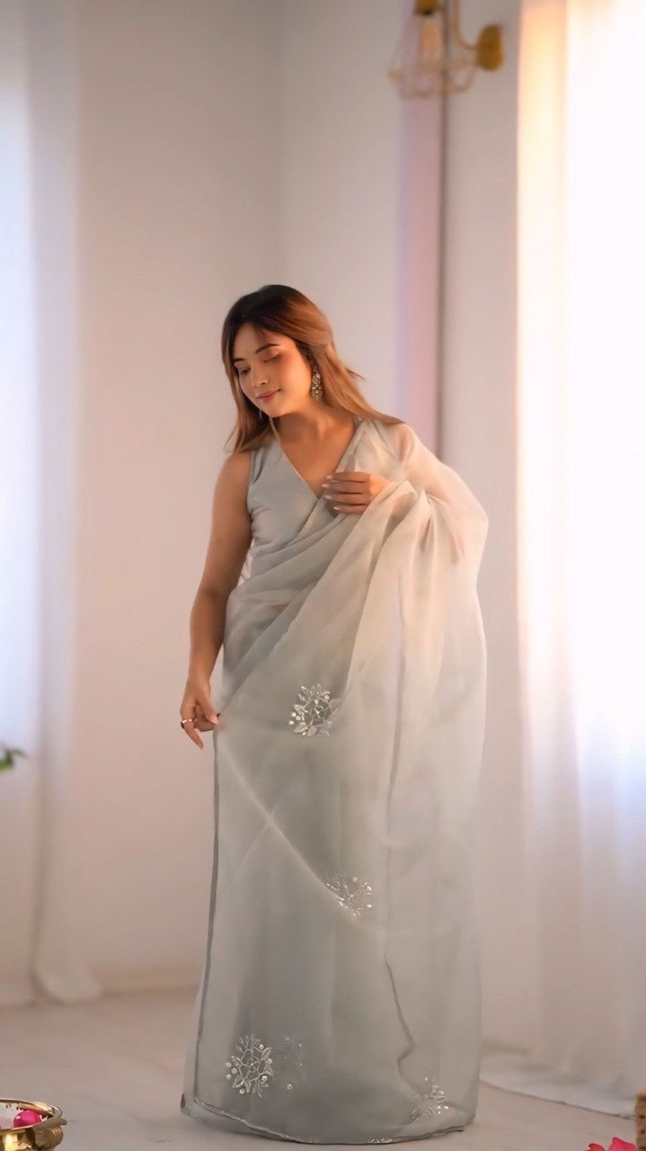 Grey Organza Printed Handwork Ready To Wear Saree