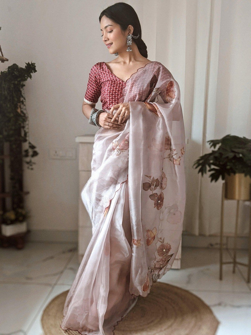 Baby Pink Organza Printed Handwork Ready To Wear Saree