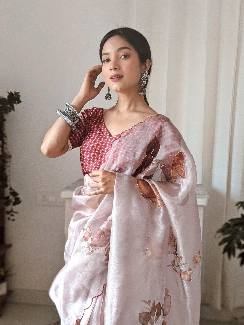 Baby Pink Organza Printed Handwork Ready To Wear Saree