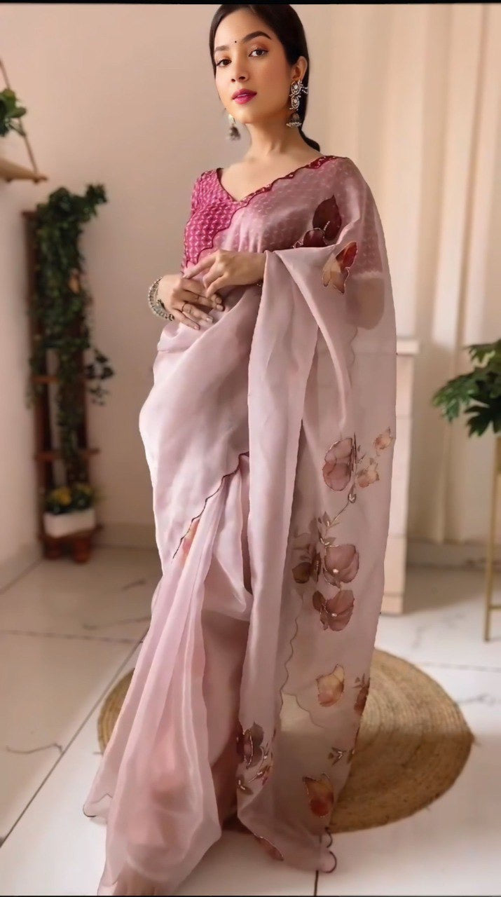 Baby Pink Organza Printed Handwork Ready To Wear Saree