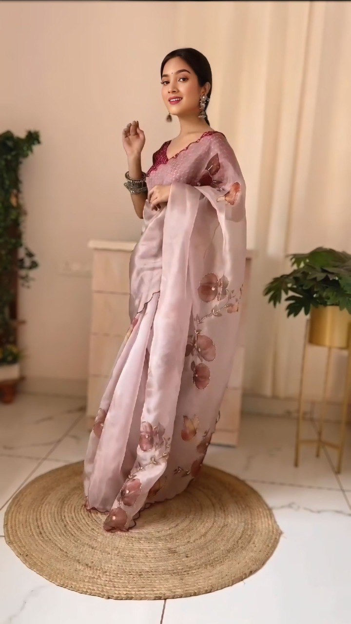 Baby Pink Organza Printed Handwork Ready To Wear Saree