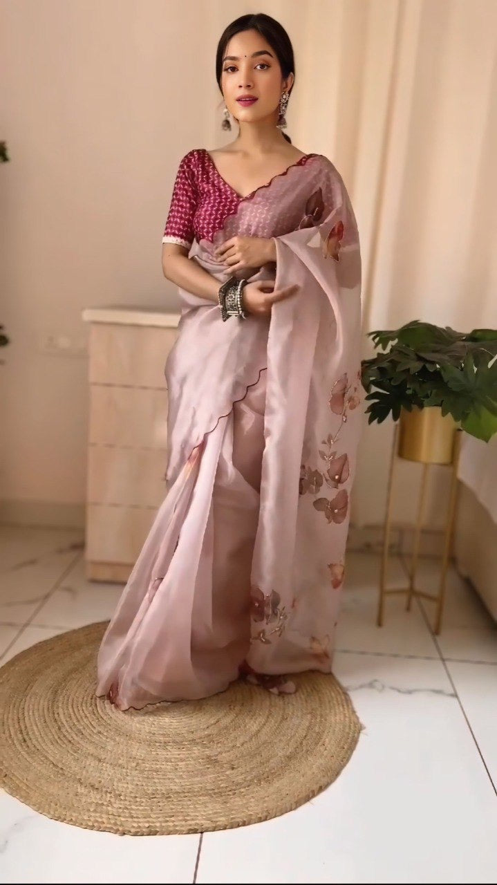 Baby Pink Organza Printed Handwork Ready To Wear Saree