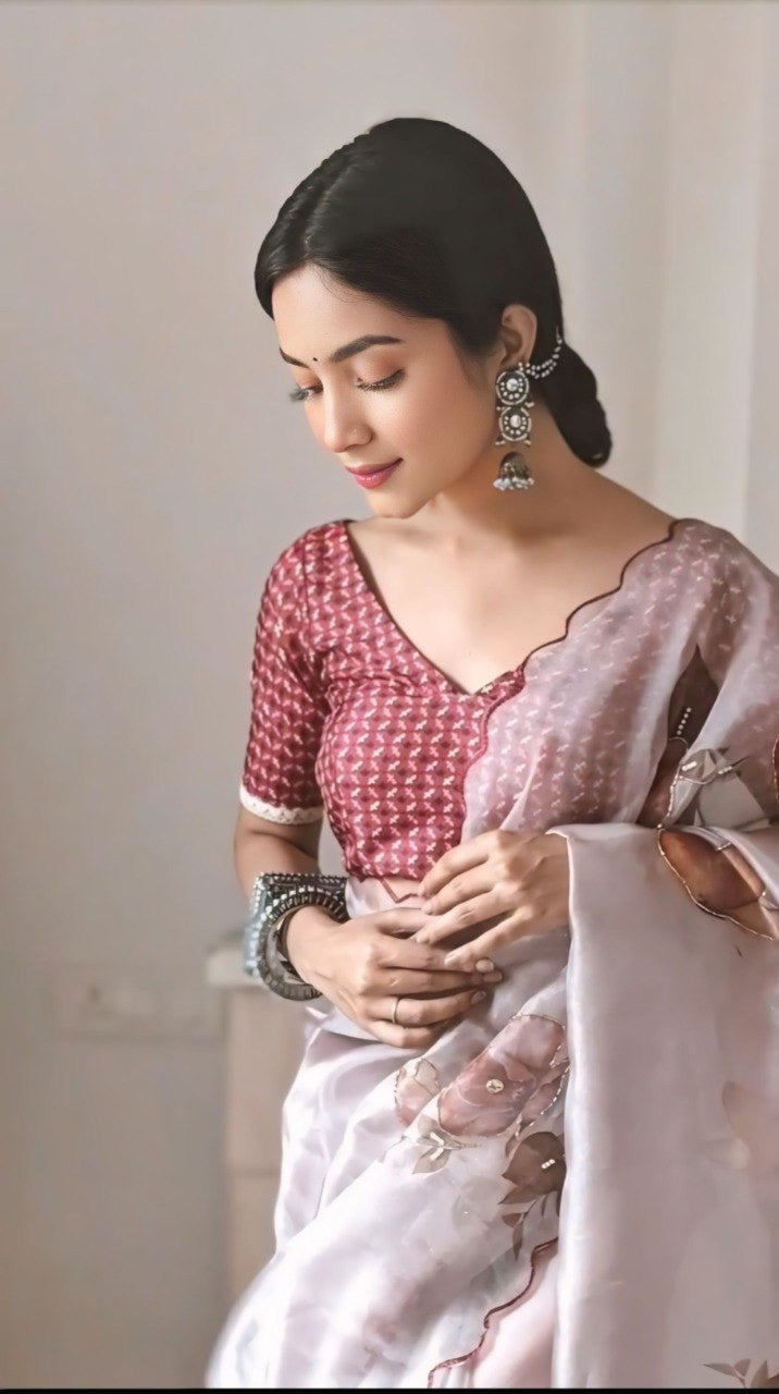 Baby Pink Organza Printed Handwork Ready To Wear Saree